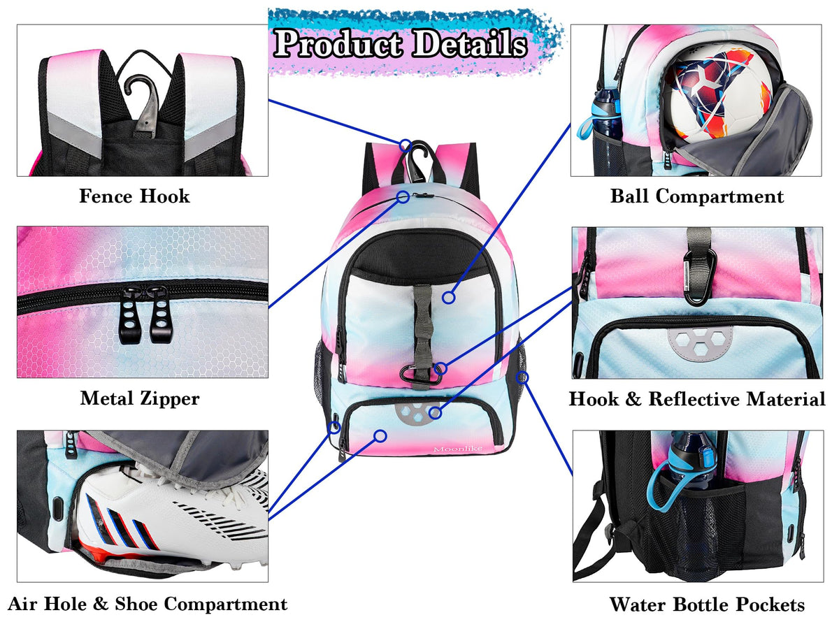 Moonlike Youth Soccer Bag, Soccer Backpack for Football Volleyball Basketball, Backpack with Ball Compartment and Ball Holder (Black)
