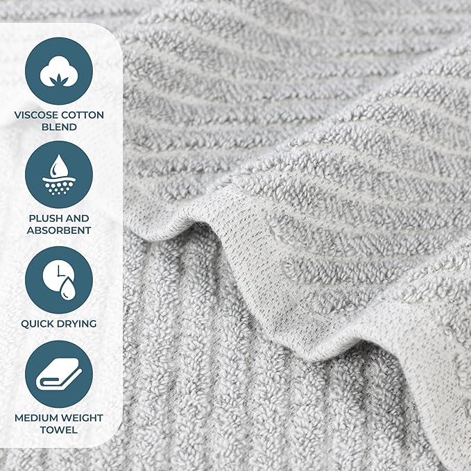 Superior Amelia Viscose Cotton Blend Medium Weight Bath Sheets, for Bathroom, Shower, Spa, Plush, Quick Dry, Ultra-Soft Towels, Essentials, Ribbed Design, Oversized Towels, Set of 2, Platinum