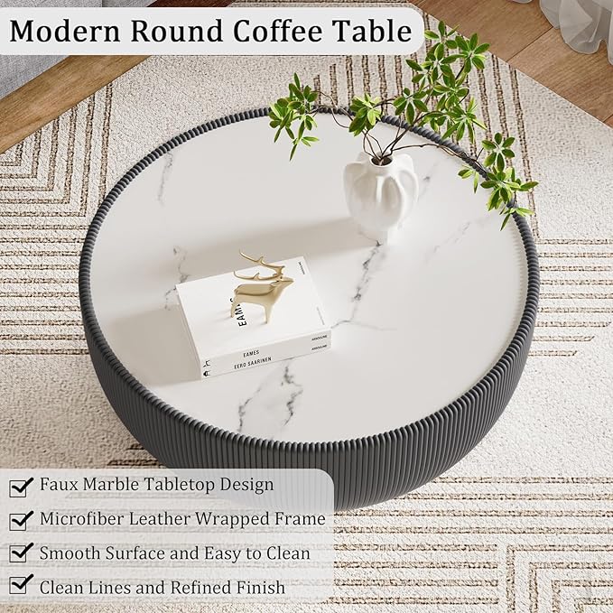 Round Coffee Table Set with Sintered Stone Tabletop, 27.56" Grey Drum Center Table and 19.69" Grey Coffee Table Set, 2 Pieces Living Room Table Set with Fluted PU Leather Cover& Metal Base