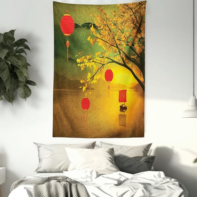 Ambesonne Oriental Tapestry, Traditional Chinese Folk Hanging from Pale Fall Trees Lake Faded Nature Photo, Fabric Wall Hanging Decor for Bedroom Living Room Dorm, 30" X 45", Yellow Green