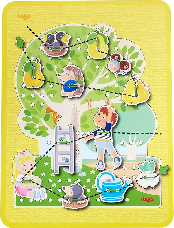 HABA Orchard Threading Game for Kids Ages 3-5, Lacing Tiles for Fine Motor Skills Development, Montessori Learning Toy for Preschoolers with 31 Fruit & Character Tiles