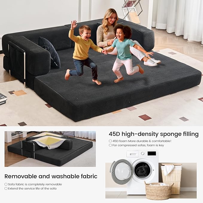 Folding Sofa Bed Convertable Corduroy Couch King Size Floor Sleeper 4-in-1 DIY Combination Modular Sofa Fold Out Futon Lounge Comfy Foldable Lazy cama for Living Room (Black, 80.15")