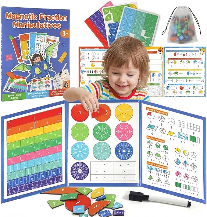 Magnetic Fraction Demonstration Book, Magnetic Fraction Tiles & Circles Educational Puzzle Set, Montessori Fraction Book for Kids, Math Manipulatives for Elementary School