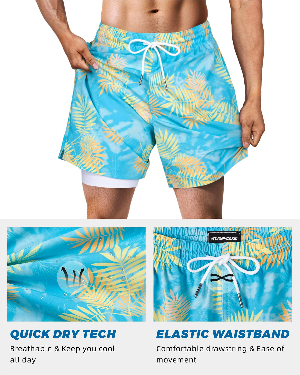 SURF CUZ Mens Swim Trunks with Compression Liner Quick Dry Swim Shorts 7" Swimming Trunks Stretch Zipper Pockets Blue Yellow Leaves Small