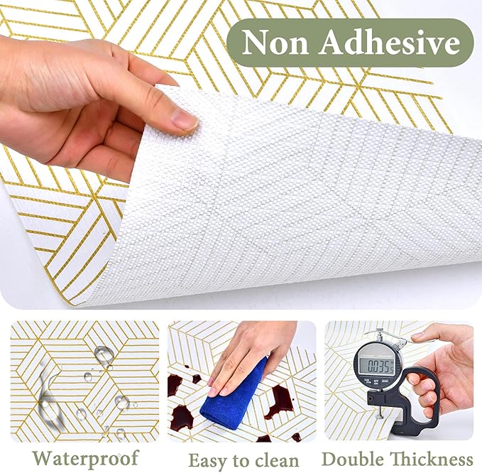 Shelf Liners for Kitchen Cabinets 12in x 40FT, Non Adhesive Cabinet Liner Strong Non-Slip Thickened Gold Geometric Drawer Liner, Easy to Clean for Shelf, Cabinet with Knife and Tape Measure