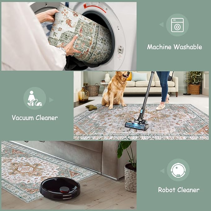 Moynesa Ultra-Thin Washable Area Rug - 3x5 Entryway Rug Washable Bedroom Rug Non Slip Front Door Mat, Vintage Medallion Printed Indoor Carpet for Living Laundry Bathroom Vanity Foyer, Beige/Gold