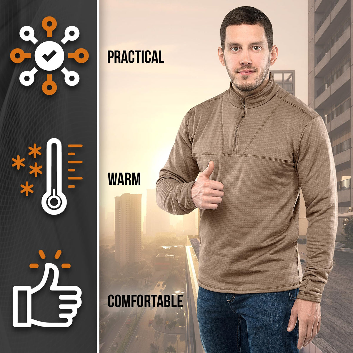 M-Tac Thermal Shirt for Men – Grid Fleece Lined Base Layer Compression Top for Cold Weather ECWCS Delta Level 2 Coyote Brown