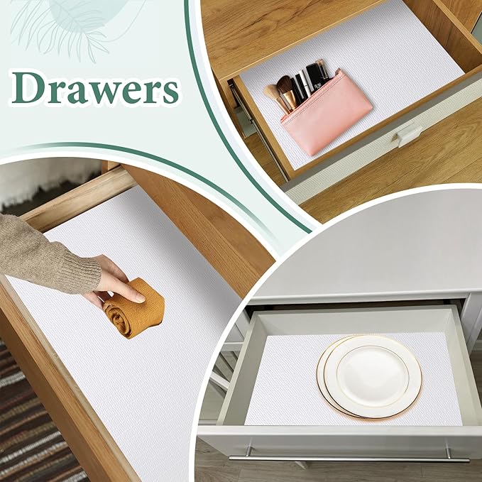 Drawer and Shelf Liner for Kitchen Cabinet: 12 in X 20 Ft Non Slip Waterproof Shelf Paper Non Adhesive Refrigerator Liners White Easy Liners for Bathroom Cupboard with Knife Tape Measure