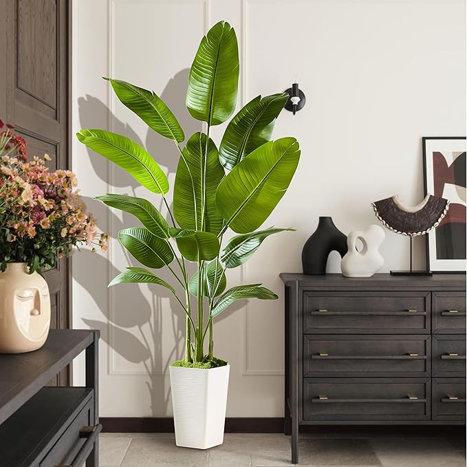 Bird of Paradise Artificial Plant, 6FT Faux Plants Indoor Banana Leaf Tree with 10 Leaves, Large Fake Tropical Potted Indoor Silk Floor Plant with White Tall Planter for House,Office,Room,Home Decor