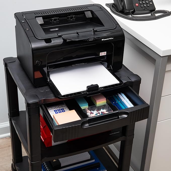 Mind Reader Rolling Printer Cart, Utility Cart, Printer Stand, Desk Storage, Office, 17.25"L x 13.5"W x 24.5"H, 3-Tier, Black