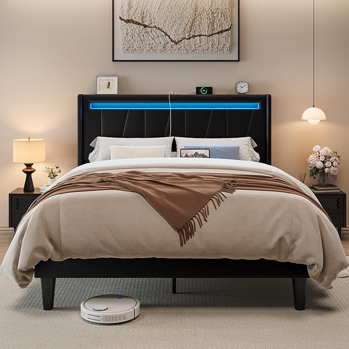 Allewie Queen Size LED Bed Frame with Charging Station, Velvet Upholstered Platform Bed with Geometric Wingback Headboard, Modern Frame with No Box Spring Needed, Easy Assembly, Black