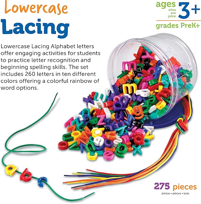 Learning Resources Lowercase Lacing Letters - 275 Pieces, Ages 3+, Toddler Alphabet Learning Toys, Letter Beads for Kids, Homeschool Supplies, Alphabet Beads, Early Spelling,Back to School Supplies