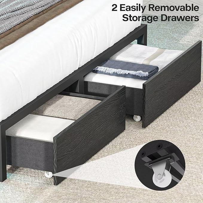Queen Bed Frame with Bookcase Headboard and Storage Drawers, 51.2" Metal Platform Queen Size Bed Frame with Charging Station and LED Lights, Velvet Upholstered Tufted Bed Frames, Black