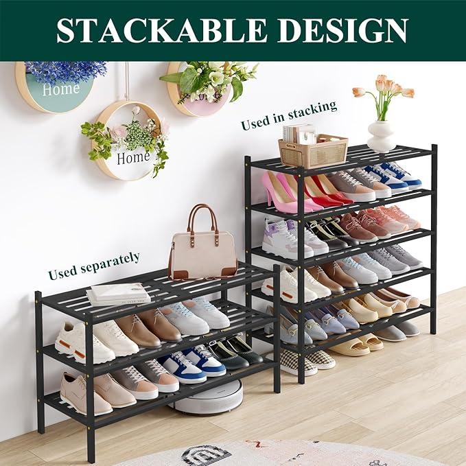 Smiry Long Bamboo Shoe Rack 5-Tier, Stackable Wooden Shoe Organizer for Entryway & Closet, Free Standing Wood Shoe Storage Shelf for Front Door & Small Spaces, Black