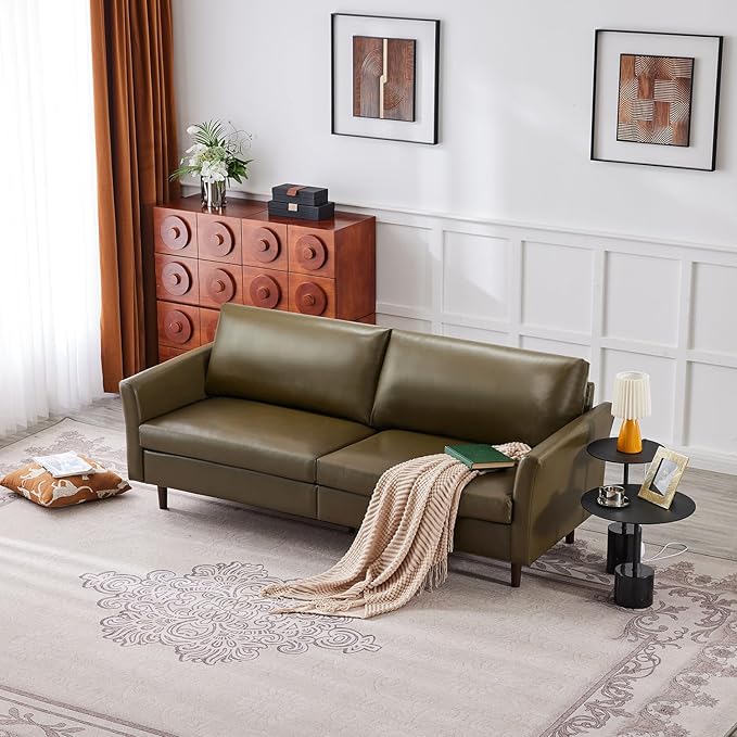 Kingfun Faux Leather 3 Seat Couch for Living Room, Mid Century Modern Sofa with Rolled Arms and Deep Seats, Fluffy Comfort for Apartment, Easy to Assemble, Olive Green