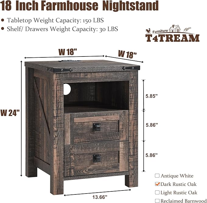 T4TREAM Nightstand with Charging Station, End Table, Side Table with 2 Drawers Storage Cabinet for Bedroom, Living Room, Farmhouse Design, Wood Rustic, Dark Rustic Oak