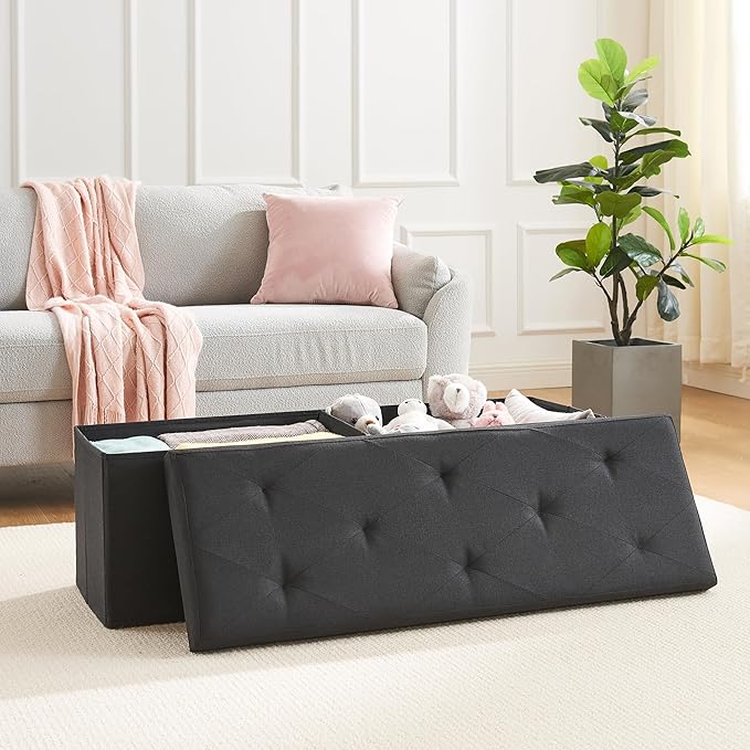 VECELO 43'' Folding Storage Ottoman Bench, Storage Chest, Linen Fabric Foot Rest Stool, 158L Storage Footstools for Bedroom and Living Room, Holds up to 660 lbs, DBlack