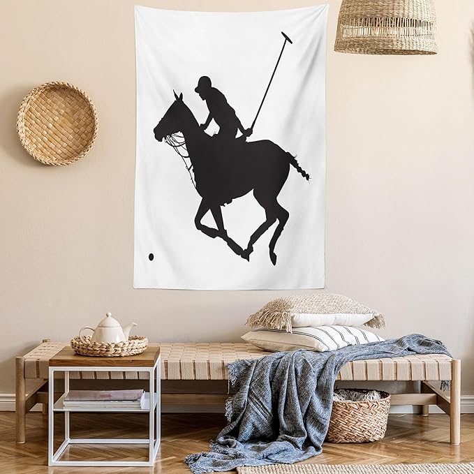 Ambesonne Sports Tapestry Queen Size, Silhouette Illustration of Polo Player on a Horse Hitting a Ball Print, Wall Hanging Bedspread Bed Cover Wall Decor, Queen Size, Charcoal Grey