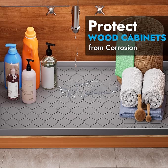 Silicone Under Sink Mat 22" x 19", Kitchen Essentials and Gadgets, Shelf Liner and Cabinet Protector, Home Organizers and Storage, Waterproof Bathroom Tray