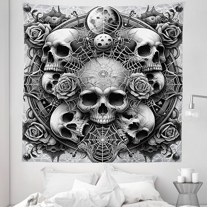 Ambesonne Gothic Tapestry King Size, Dark Tone Neo Spooky Vampire Skulls with American Traditional Roses, Wall Hanging Bedspread Bed Cover Wall Decor, 88" X 88", Pale Grey Dark Grey White