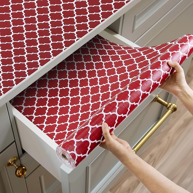 Shelf and Drawer Liner for Kitchen Cabinets Non-Adhesive, Strong Grip Non-Slip Thickened Cabinet Liners for Shelves, Waterproof Mats for Dresser Cupboard, Red/White, 12 in x 30 Feet