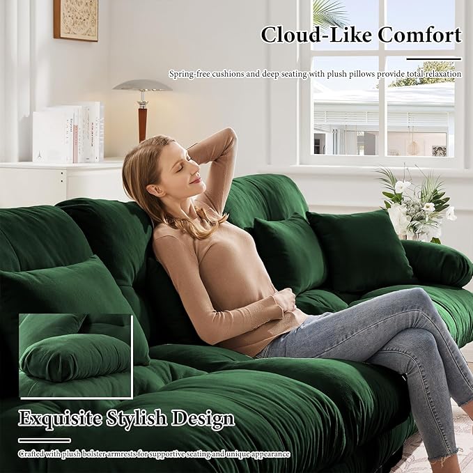 133.8" Oversized Couch, 3 Seater Modular Sectional Sofa, Green Large Sectional Couches for Living Room, Fluffy Chenille Fabric Cloud Couch with 5 Pillows, Deep Seat Sofas