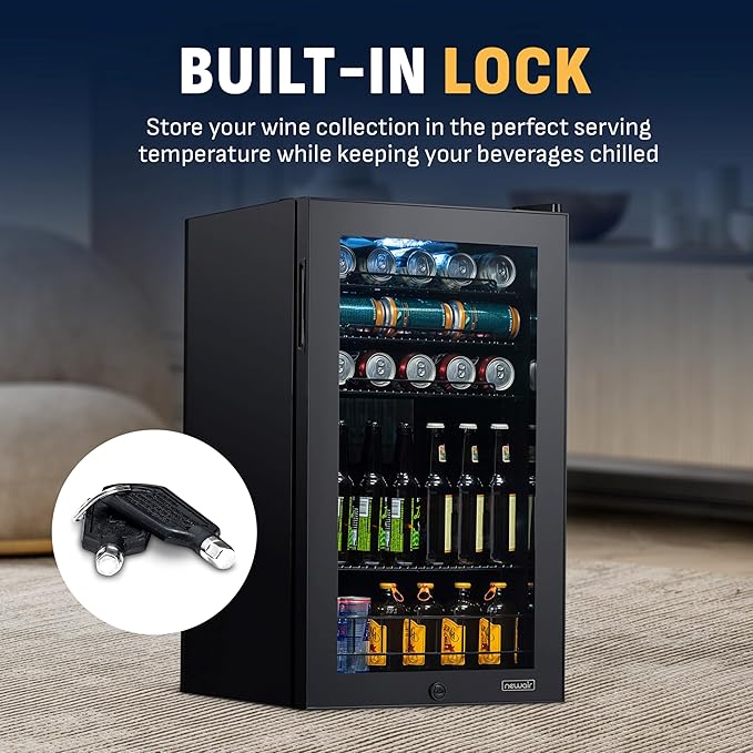 NewAir 126 Can Beverage Refrigerator | Freestanding Small Mini Fridge for Bedroom with Glass Door | Drink Cooler with Adjustable Shelves, Quiet Cooling & Locking Door | Black