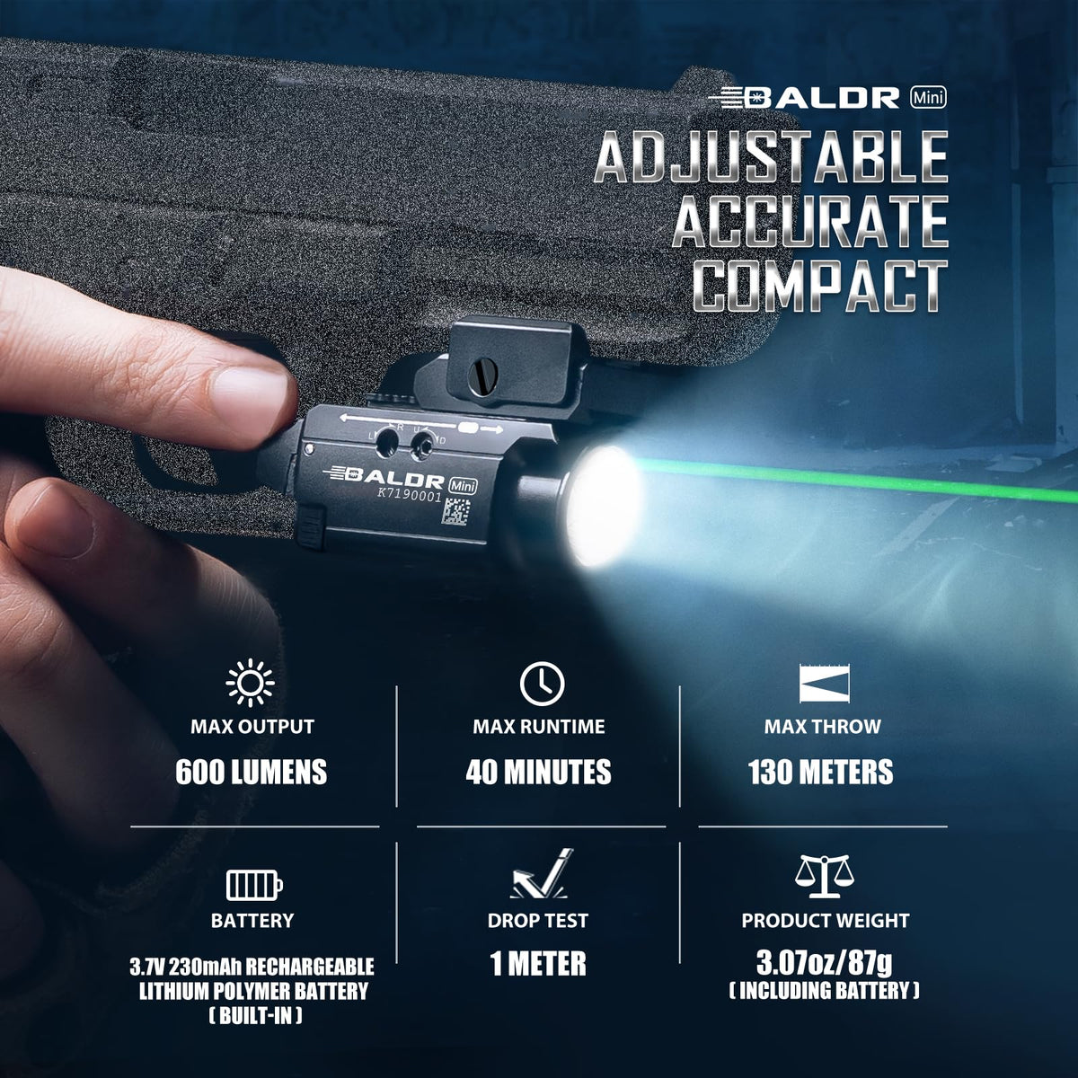 OLIGHT Baldr Mini 600 Lumens Rechargeable Weaponlight with Green Beam and White LED Combo, Magnetic USB Compact Tactical Flashlight with Adjustable Rail for G19, G45, Sig P320, and so on(Black)