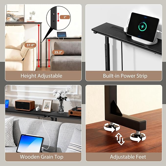 78 inch Narrow Console Table with Outlet,Adjustable Height(25"-37") Behind Sofa Table,Couch Behind Table Skinny,Couch Shelf with Charging Station,Long Entryway Table for Living Room,Black