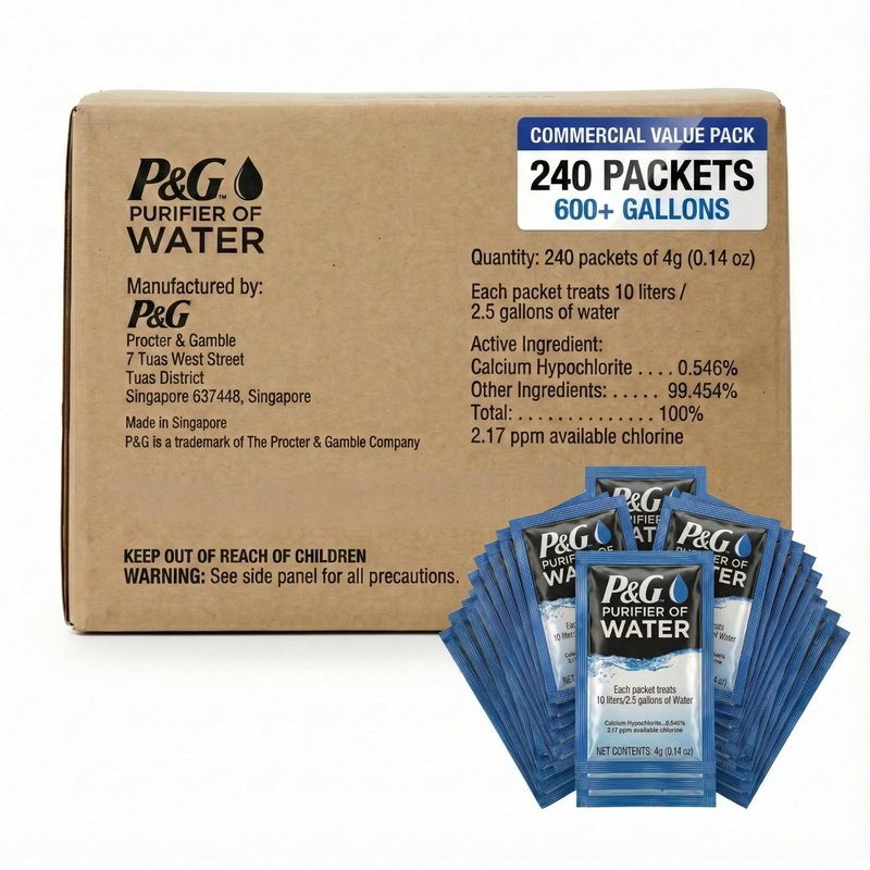 P&G Purifier of Water Portable Water Purifier Packets (240 Packets) - Emergency Water Filter Purification Powder for Emergency Kit, Survival, Camping, Hiking, Backpacking, and Disaster Preparedness