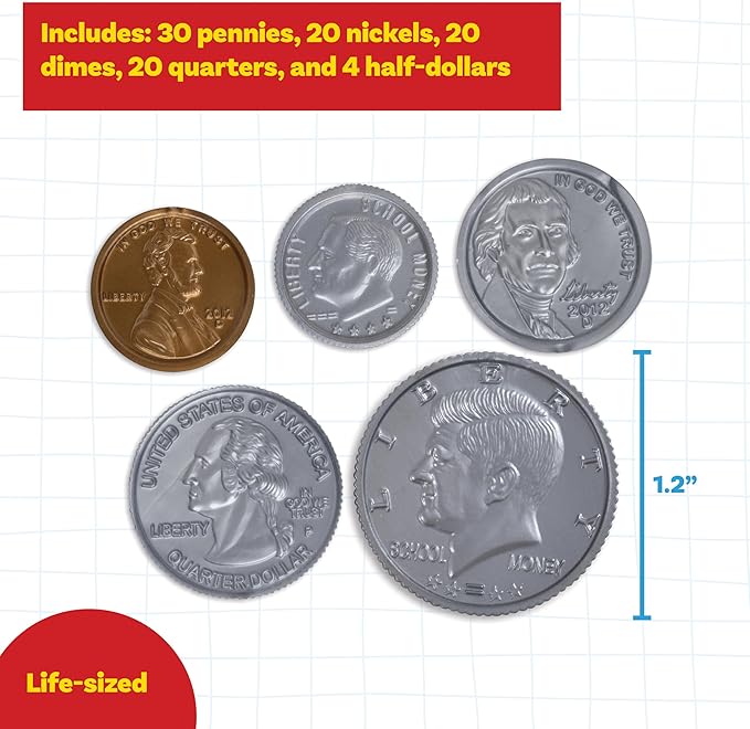 LEARNING ADVANTAGE Play Coin Set - 30 Pennies, 20 Nickels, 20 Dimes, 20 Quarters and 4 Half-Dollars - Realistic Coins for Pretend Play