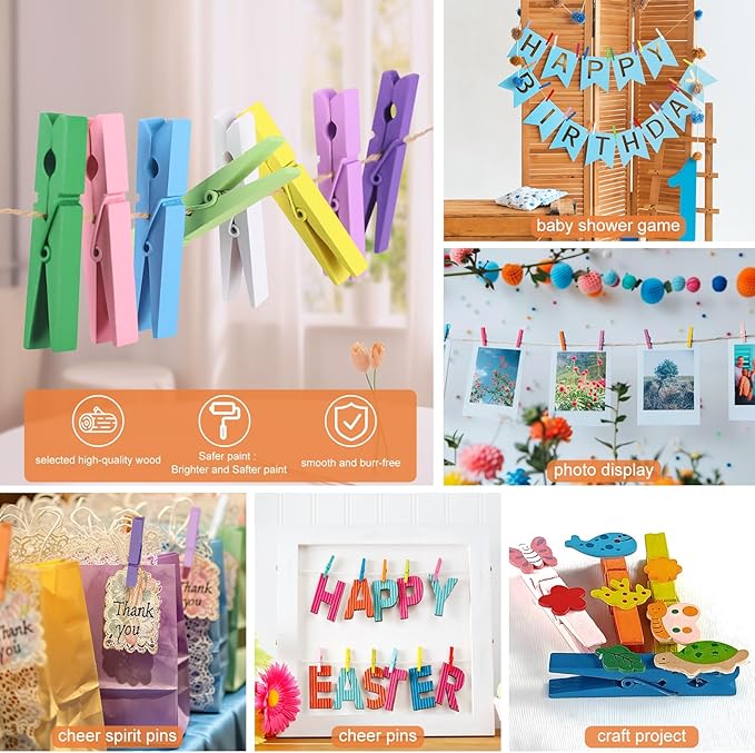WAENLIR Colored Clothes pins 12 Color 2.9inch 100PCS, Colorful ClothesPins Wooden Clips for Photos Pictures Decorative Crafts, Decoration clothespins Clothing Hanging clothespins (12 Colors 100pcs)