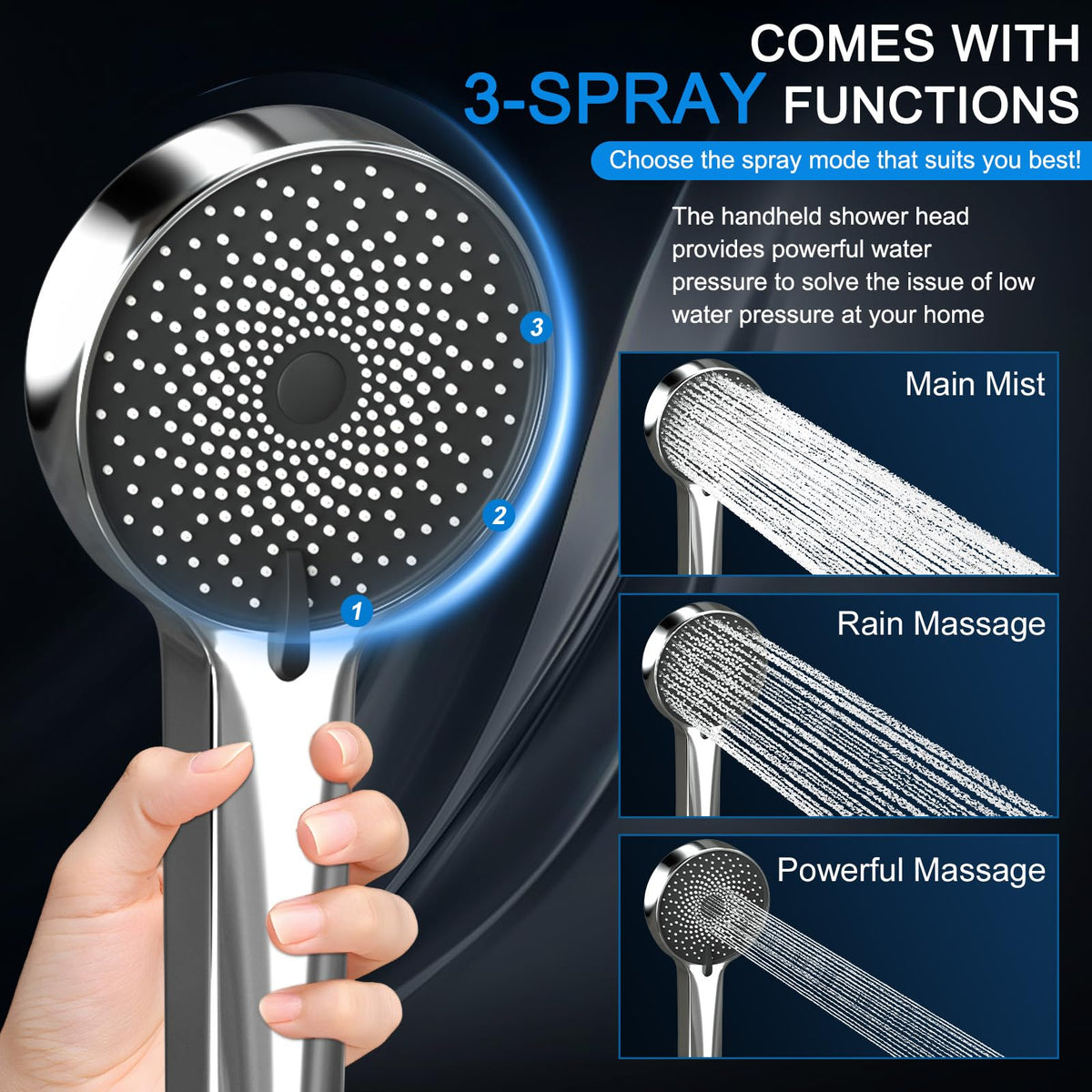 Shower Head, Rain Shower Head with Handheld Spray Combo, 10 Inch Adjustable High Pressure Rainfall Shower Head, Dual Showerhead Set with Extension Arm and 60 Inch Long Shower Hose (Silver)