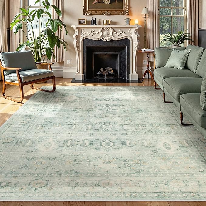 Lahome Vintage 9x12 Washable Green Rugs for Living Room Bedroom, Boho Dining Room Rugs for Under Table, Soft Non Slip Indoor Throw Carpet for Home Office Playroom (9x12ft,Light Green)