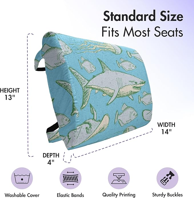 Ambesonne Shark Lumbar Back Support Pillow, Sea Creatures in Vintage Style Swimming Flatfish Stingray and Jellyfish, High Density Foam for Office Chairs Car Seats, 14" x 13", Pale Blue Grey Green