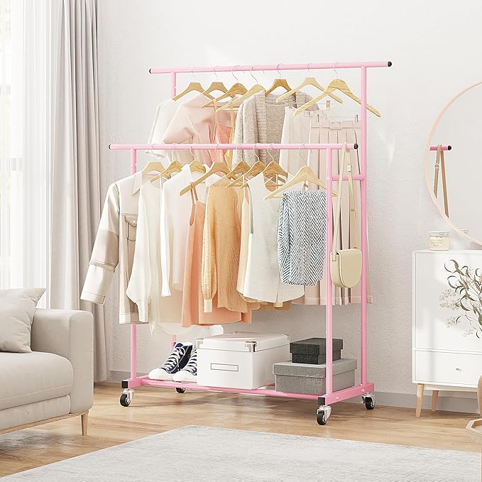 Calmootey Double Rod Clothing Garment Rack,Rolling Hanging Clothes Rack,Portable Clothes Organizer for Bedroom,Living Room,Clothing Store,Pink