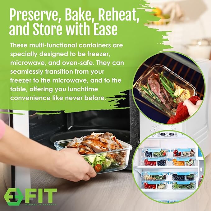 FIT Strong & Healthy Glass Meal Prep Containers with Lids, 1 & 2 & 3 Compartments – Portion Control Containers, Glass Lunch Box, Food Storage, Leak-Proof, Oven & Freezer Safe, 35 oz, Blue, 3 Pack