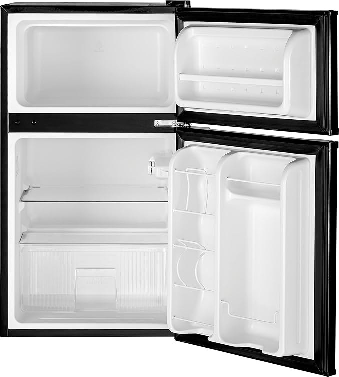 GE Double-Door Mini Fridge, Freestanding Compact Refrigerator with Freezer, 3.1 Cu Ft, Black, GDE03GGKBB