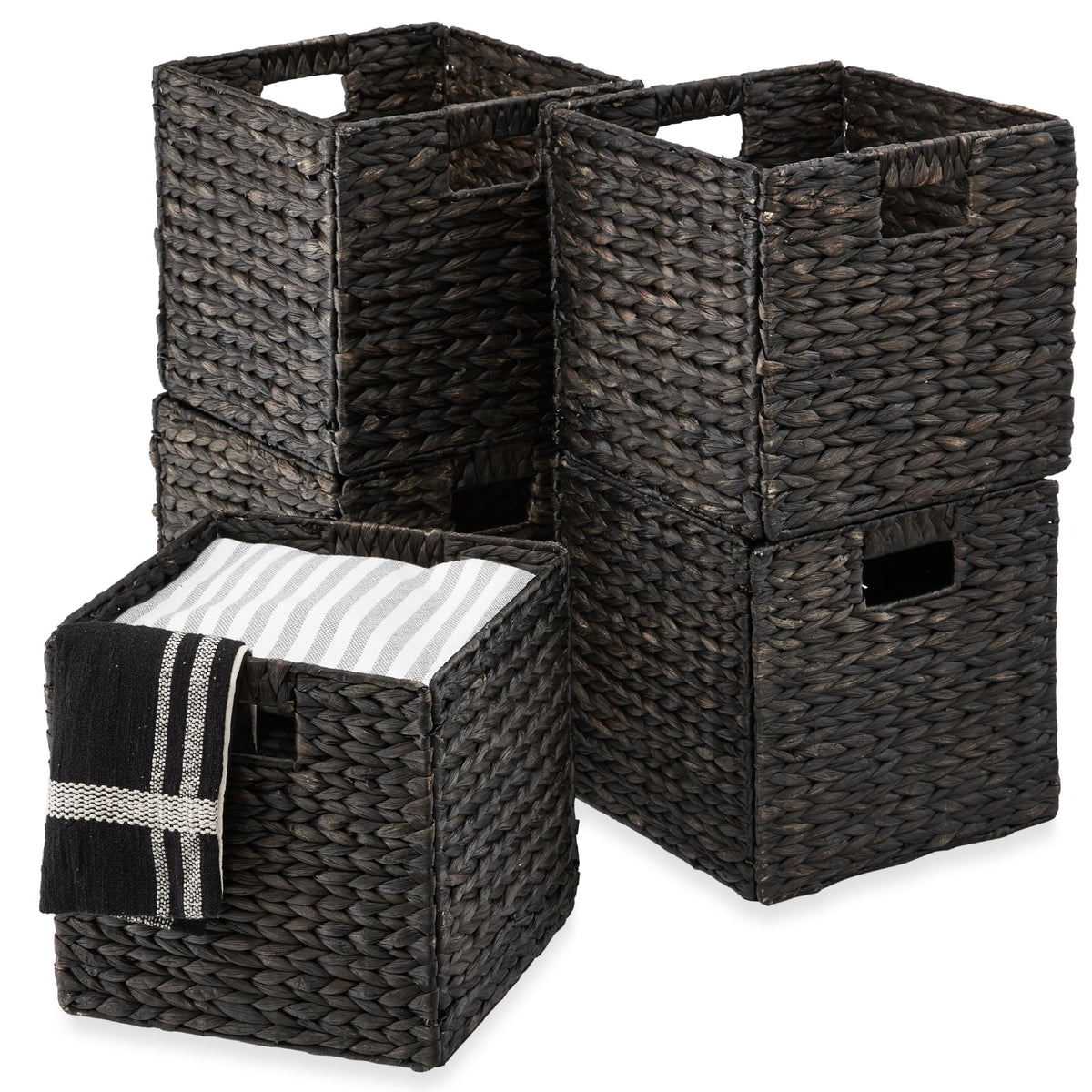 Best Choice Products 10.5x10.5in Pack of 5 Cube Storage Baskets, Water Hyacinth Multipurpose Collapsible Organizers, Handwoven Laundry Totes for Laundry, Living Room, Kids Room & Nursery - White
