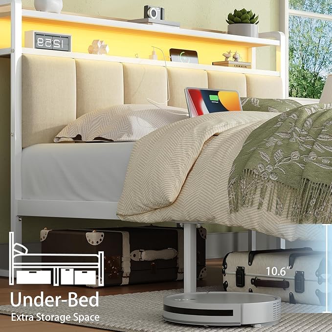 Full Size Bed Frame with Storage Headboard, Metal Platform Bed Frame Full with LED Lights and Charging Station, Heavy Duty Metal Slats, No Box Spring Needed, Easy Assembly, Beige