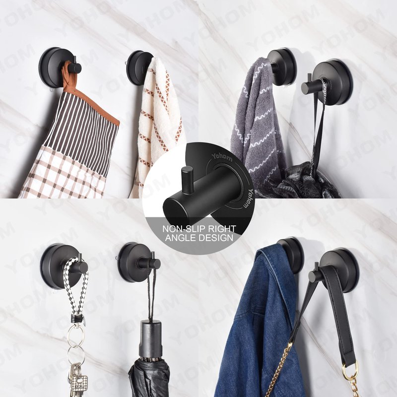 YOHOM Suction Cup Hooks Shower Towel Holder Stainless Steel Vacuum Bathroom Shower Hook Suction Towel Rack Kitchen Organizer for Bathrobe Loofah Matte Black 2Pcs