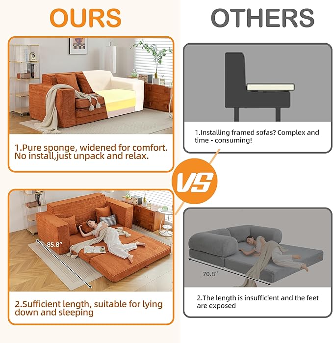 HOMREST Convertible Memory Foam 3-seat Sofa & Loveseat, Pull Out Sleeper Sofa Bed, 2 in 1 Folding Couch Bed, Fold Out Floor Couch Corduroy Fabric with Pillows for Living Room Bedroom Lounge(Brown)