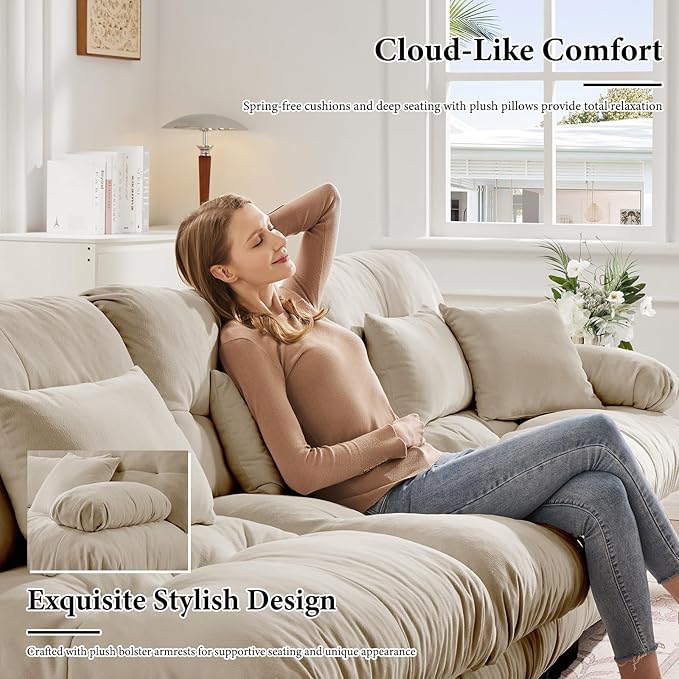 94.4" Loveseat Sofa, 2 Seater Modular Sectional Sofa, Beige Large U Shaped Sectional Couches, Fluffy Chenille Cloud Couch with Ottoman, Deep Seat for Living Room