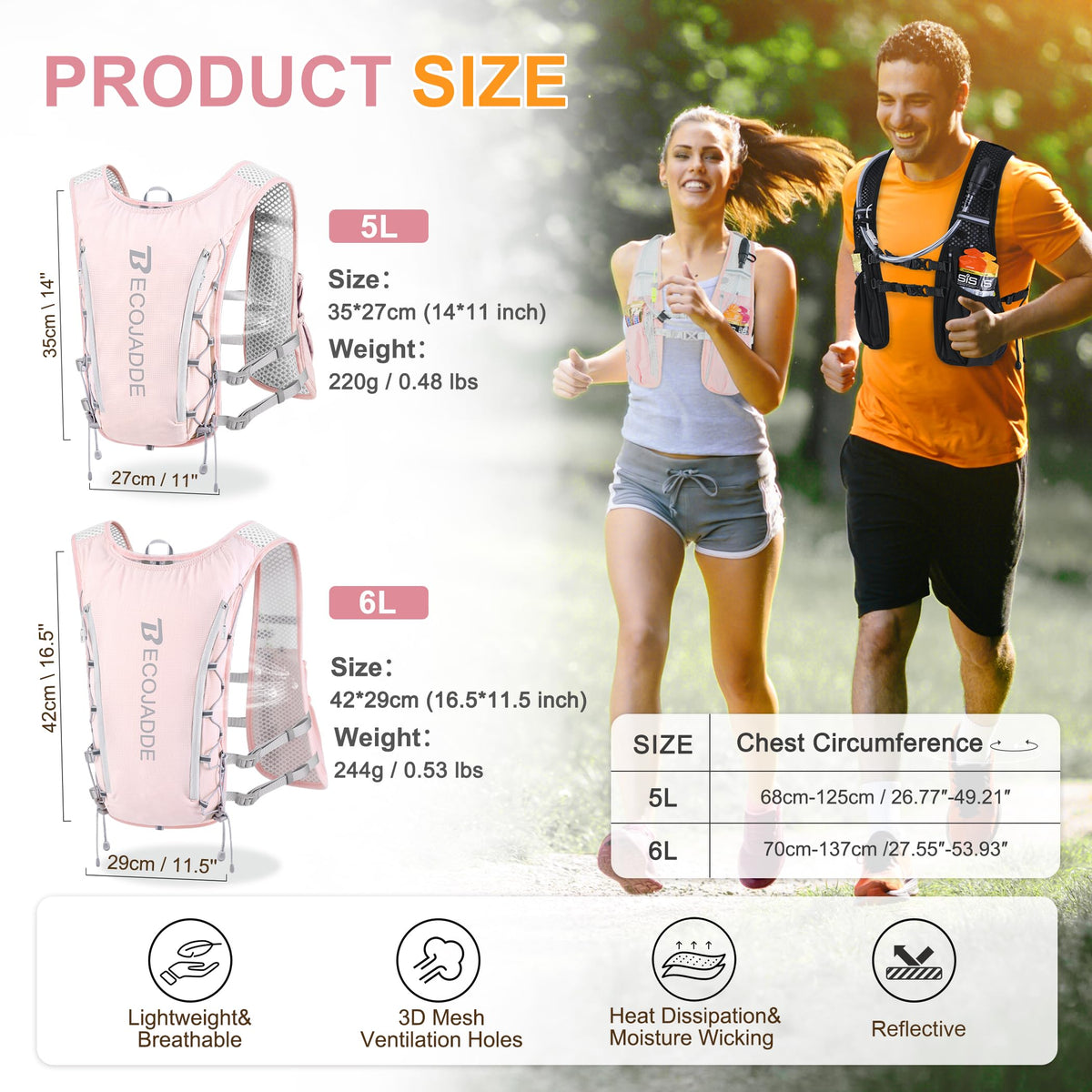 BECOJADDE Running Vest Hydration Backpack with Two 500ML Soft Water Bottles for Men Women, 5L Lightweight Running Pack Hydration for Marathon, Trail, Cycling, Hiking, Jogging Pink