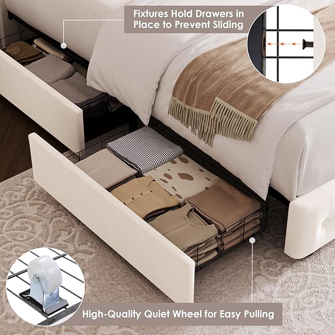 HIFIT Upholstered King Size LED Bed Frame with Charging Station and 4 Large Storage Drawer, Velvet Button Tufted King Platform Bed with Adjustable Headboard, No Box Spring Needed, Easy Assembly, Beige