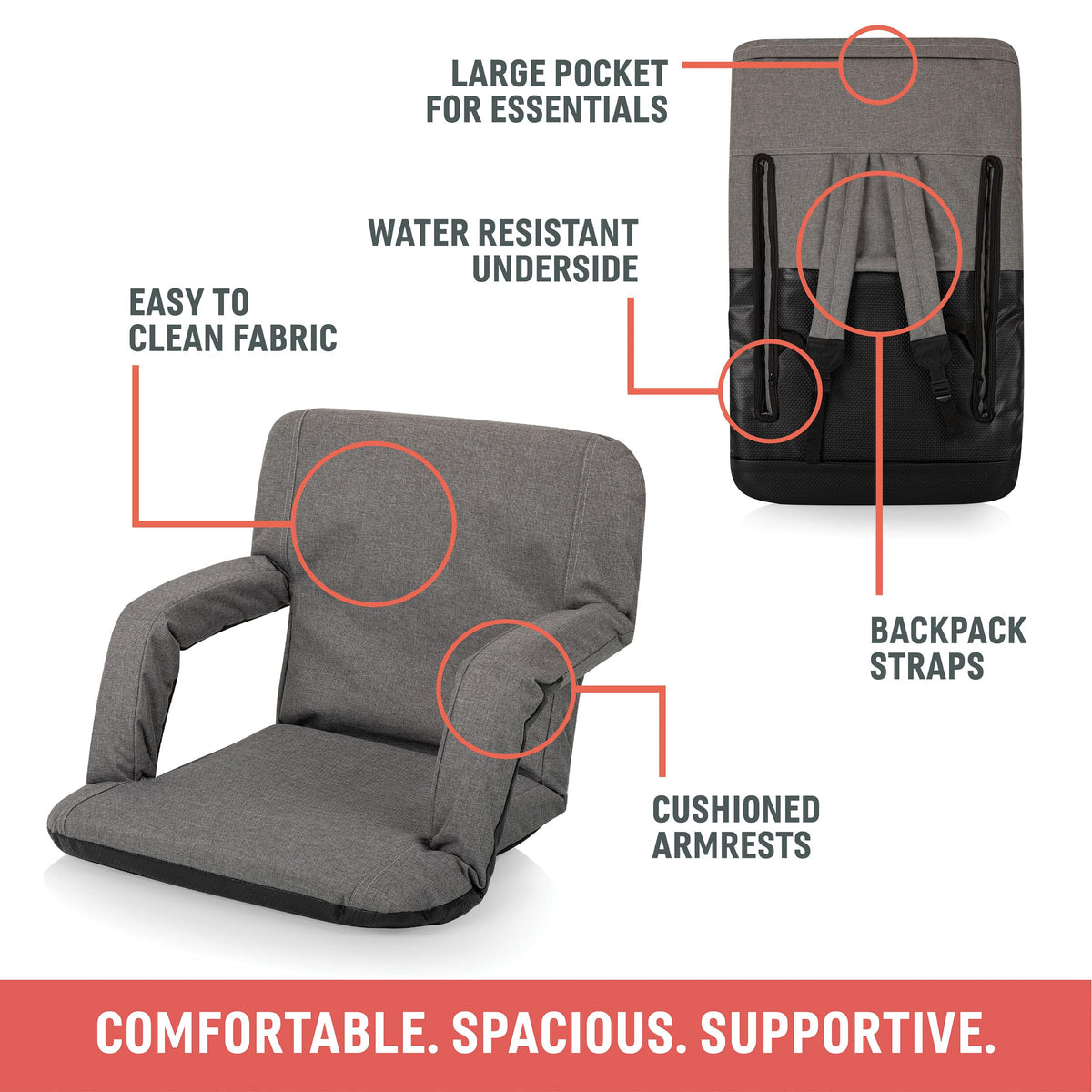 PICNIC TIME Ventura Portable Reclining Stadium Seat with Back Support, Folding Bleacher Chairs with Back and Cushion, Thick Padded Stadium Seat and Armrest, and Six Backrest Positions, (Hunter Green)