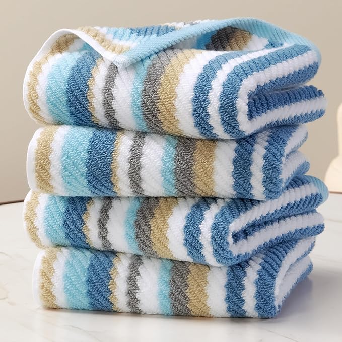 Striped Hand Towels Set (4PC, 16"x27") - 100% Cotton | Quick Dry | Soft | Absorbent, Light Weight Hand Towels for Showering & Bathroom, Luxury Towel Set for Guest, Blue + Gray + Beige Stripes