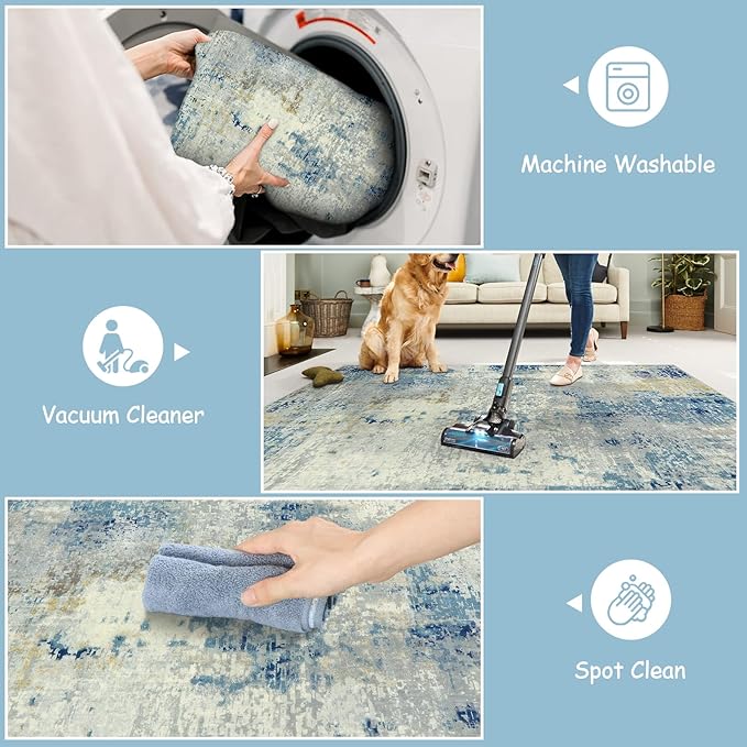 Lahome Modern Abstract Round Rug 4Ft, Blue Washable Front Door Mat Soft 4x4 Circle Rug for Entryway Bedroom Non Slip, Contemporary Indoor Floor Carpet for Living Room Sofa Bedroom Nursery Decor