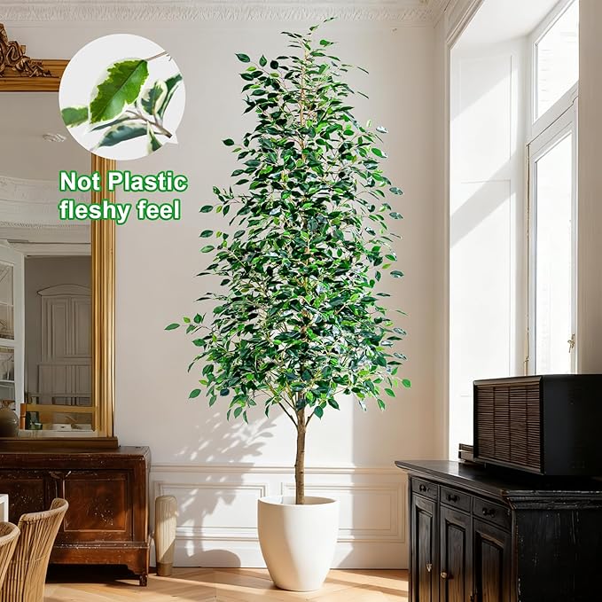 8FT Artificial Ficus Trees Indoor Faux Trees Indoor Fake Floor Plants Tall Artificial Tree with White Pot Faux Tree Fake Indoor Tree Silk Plants Artificial Trees for Home Decor Indoor
