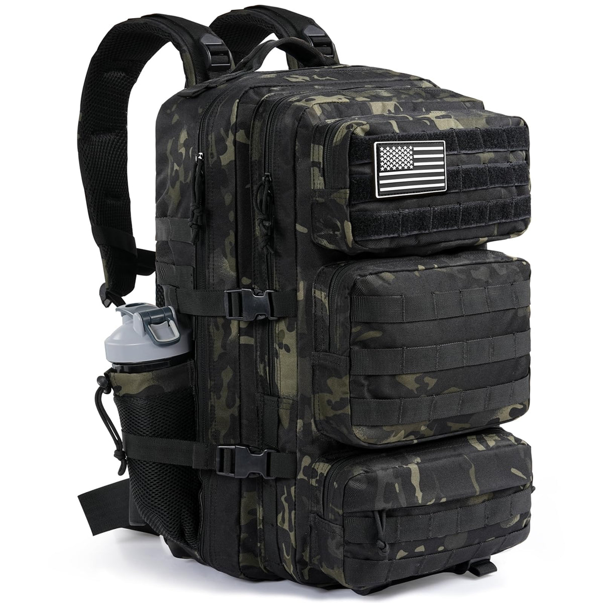 kookoomia Military Tactical Backpack 25L Day Backpack for Men Molle Army 3 Days Assault Pack Bug Out Bag Water Resistant and Heavy Duty Hiking Treeking Rucksack - Black Camo